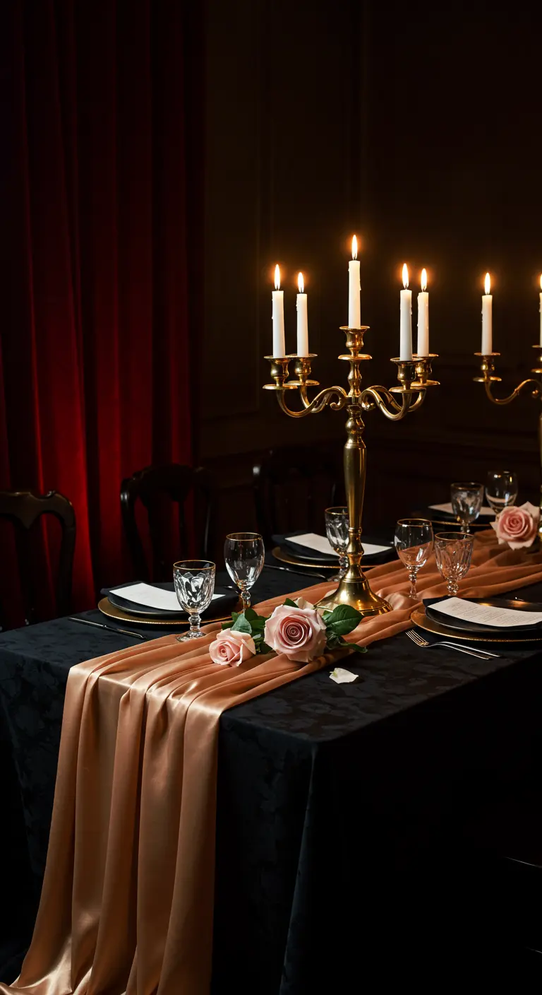 A dramatic tablescape with a black tablecloth, champagne runner, and single pink roses.