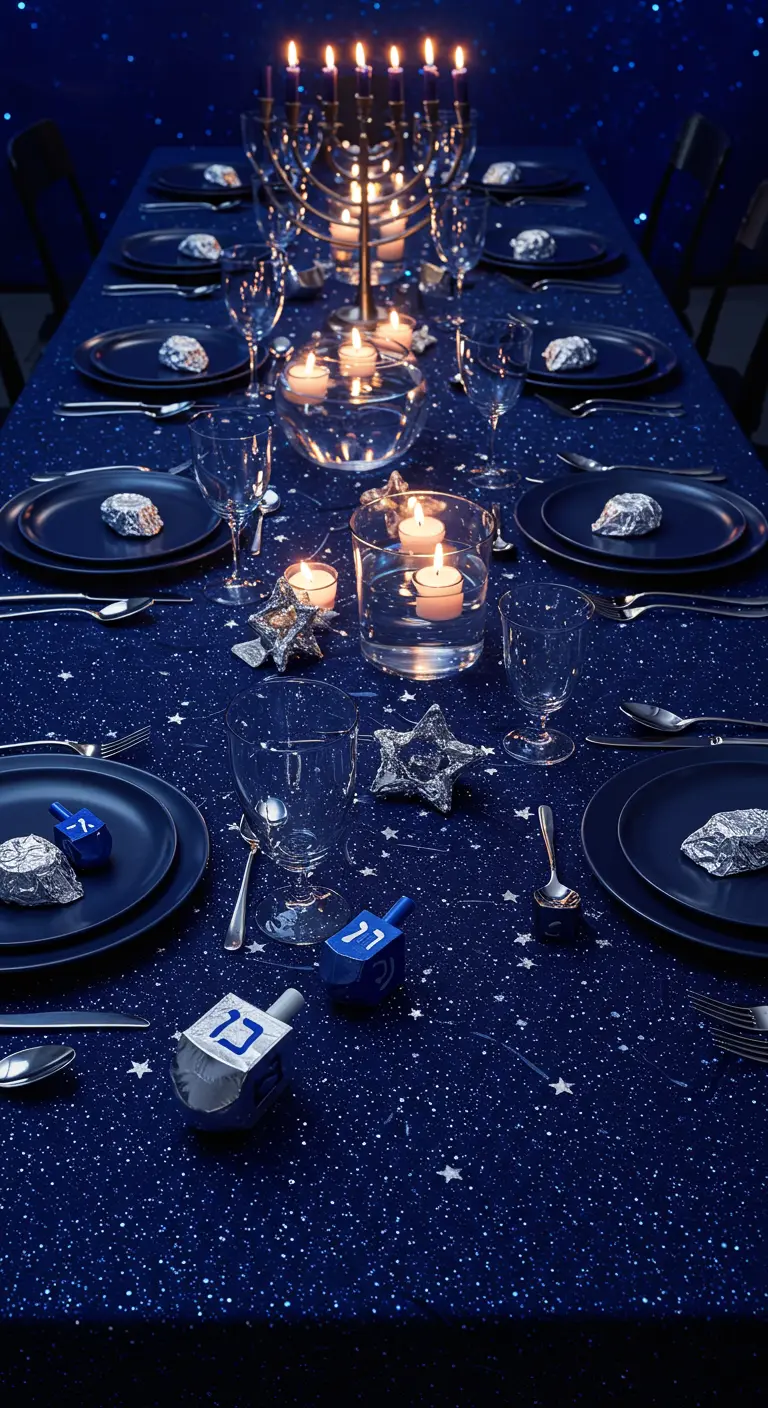 A Hanukkah table decorated like a starry night with a dark blue cloth and floating candles.