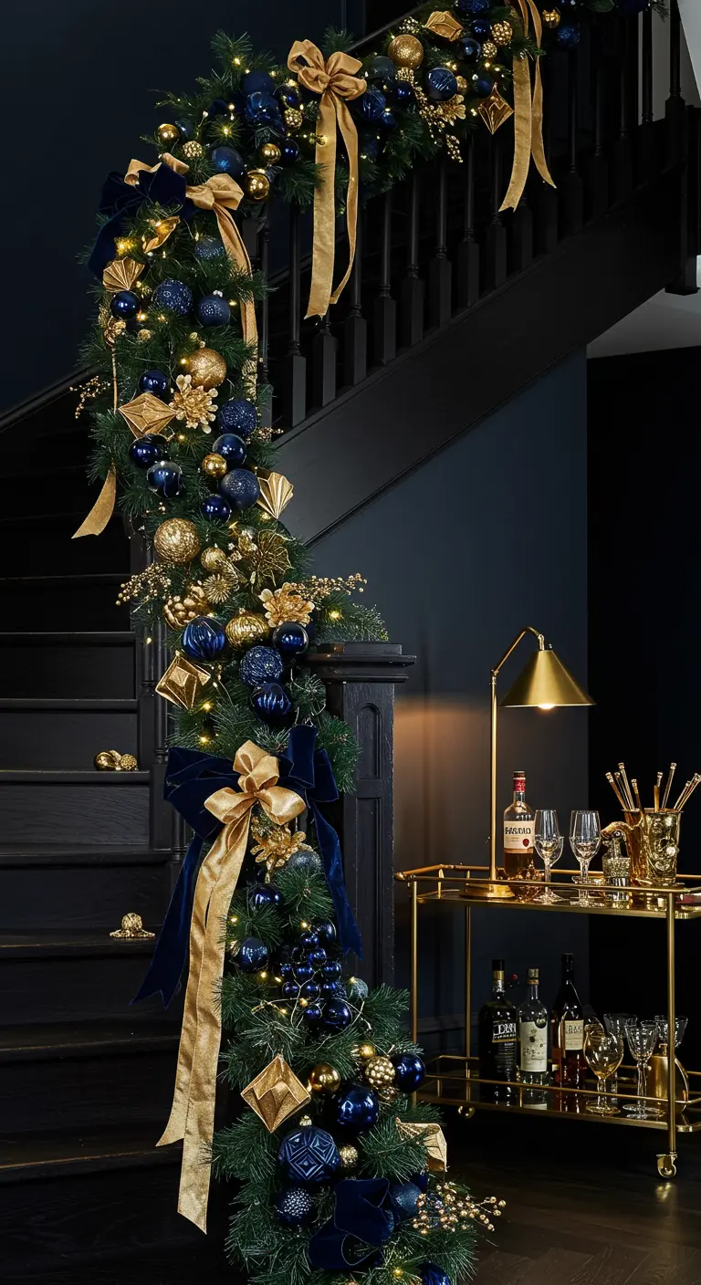 Dark staircase with navy blue and gold garland, velvet bows, and elegant ornaments.
