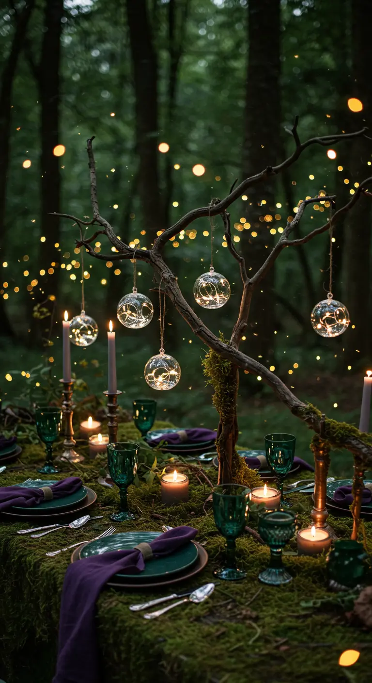 An enchanted forest tablescape with a mossy runner and a branch centerpiece with hanging lights.