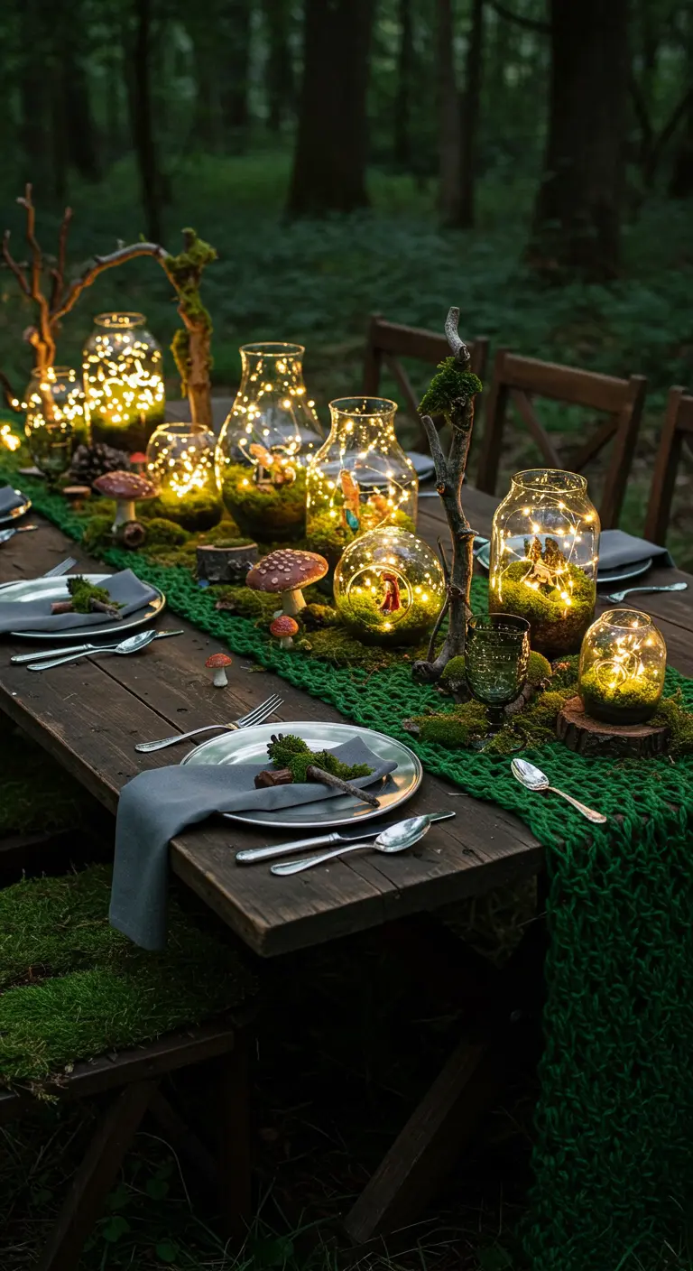 Enchanted forest tablescape with a green runner and fairy light terrariums.
