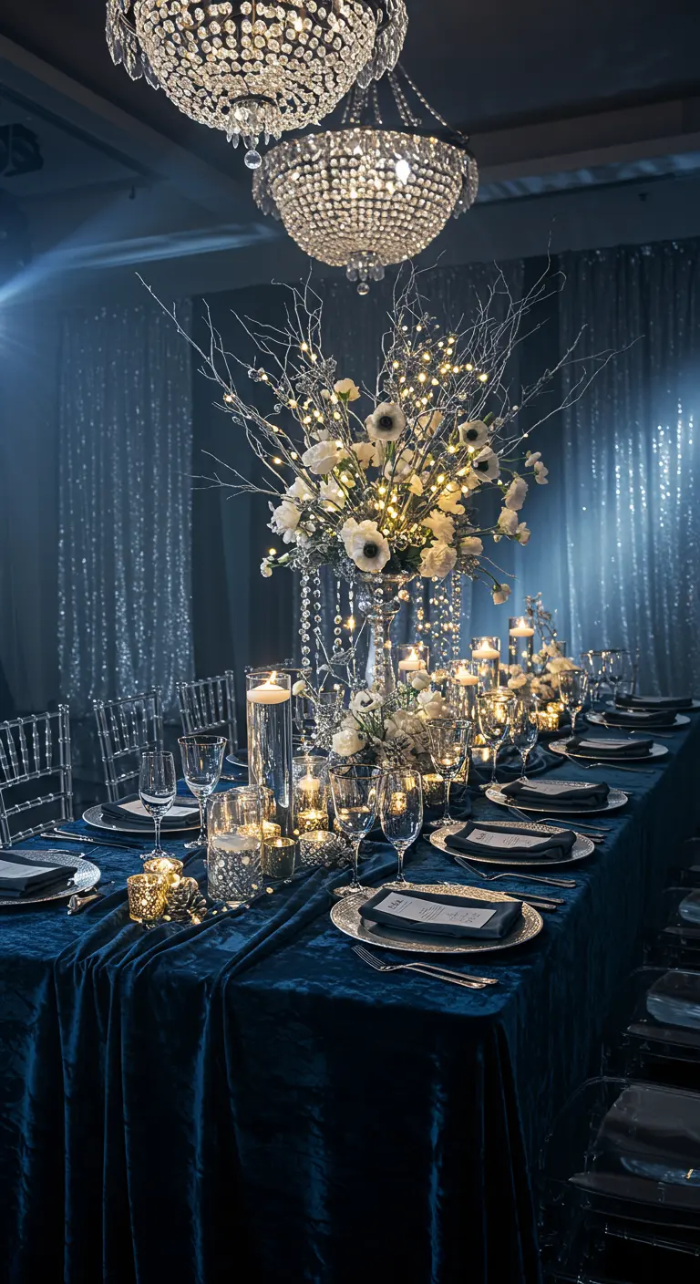 Long dining table with blue velvet, crystal chandelier, and winter-themed centerpiece.