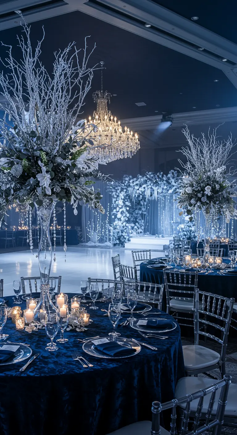 Elegant ballroom with royal blue tables and tall, frosted branch centerpieces under a chandelier.