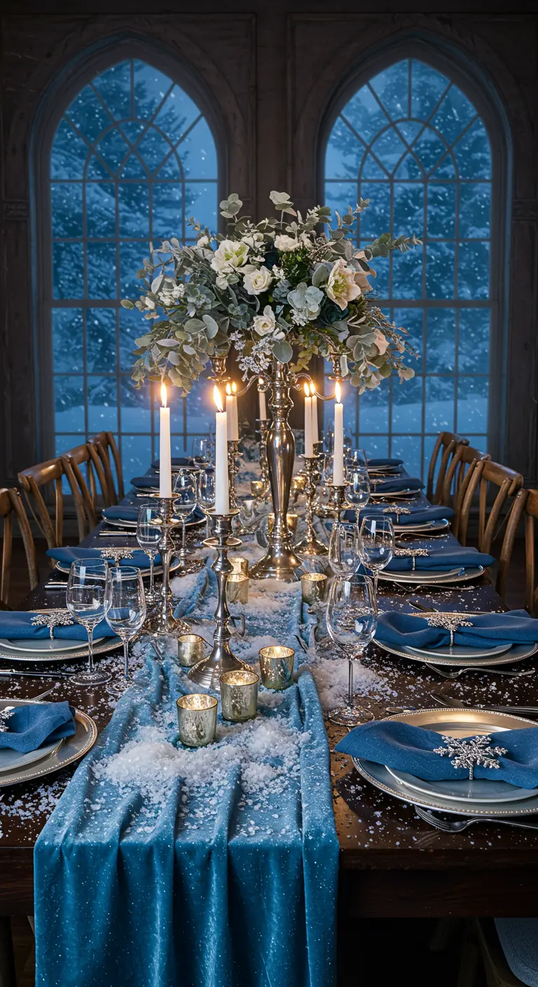 Long dining table with a blue velvet runner, faux snow, and tall silver candelabras.