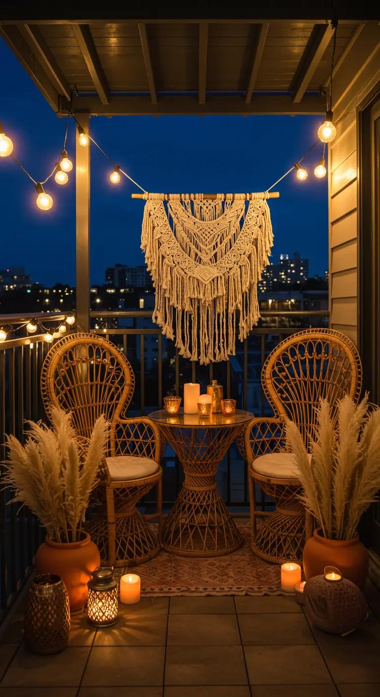 A nighttime balcony with two peacock chairs, string lights, and pampas grass in terracotta pots.