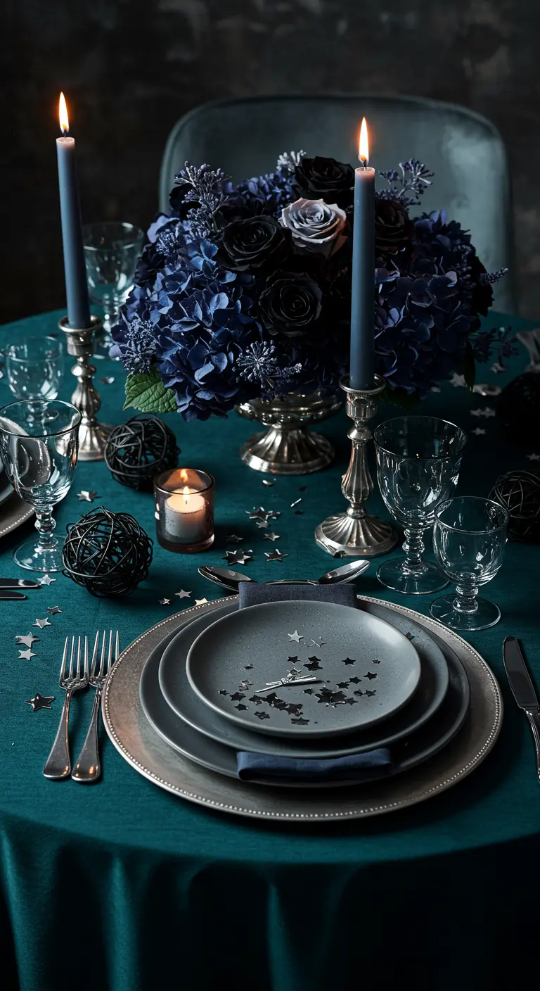 Moody tablescape with blue and black flowers, teal cloth, and star confetti.