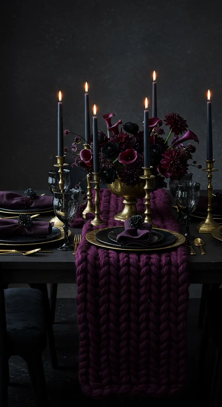 Dramatic dark tablescape with a plum knit runner and black candles.