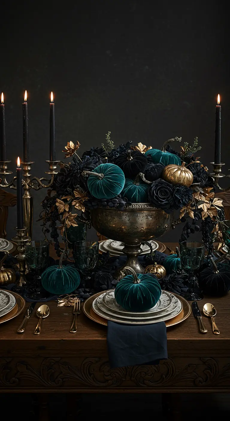 A moody centerpiece in a silver bowl with teal velvet pumpkins, black roses, and gold leaves.