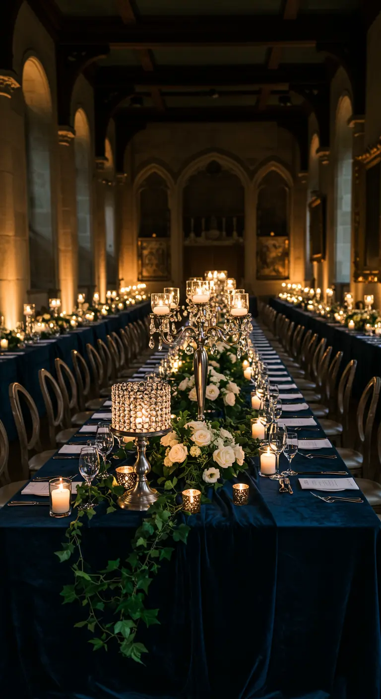Long table with a navy velvet cloth, silver candelabras, white roses, and trailing ivy.