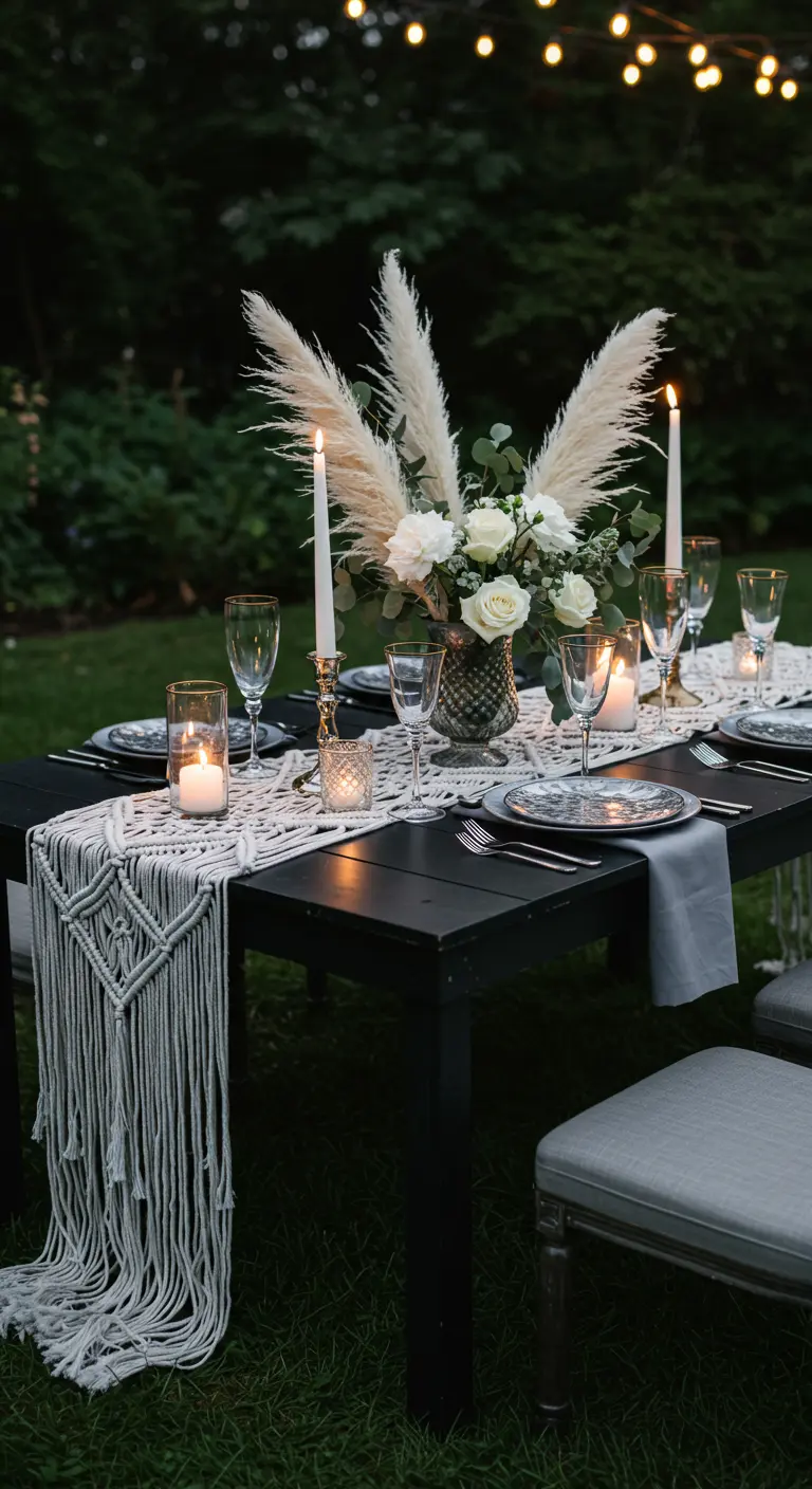 Elegant garden party table at night with a grey macramé runner and white roses.