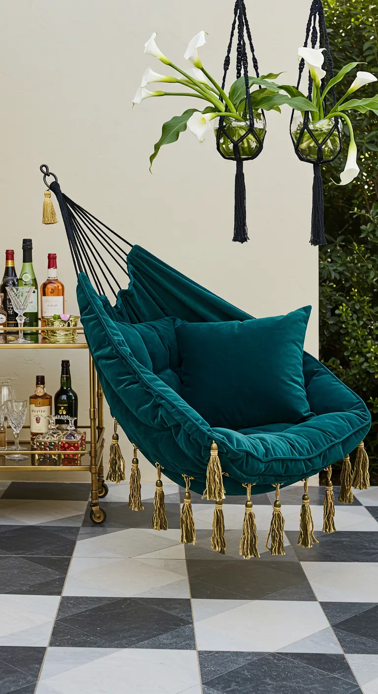 A plush, deep green velvet hammock chair with gold tassels next to a brass bar cart.