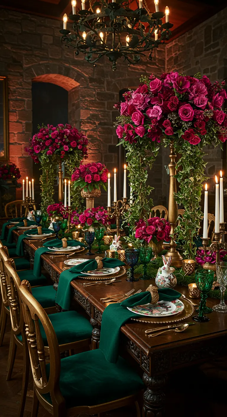 Moody tablescape with tall magenta rose centerpieces and green velvet.