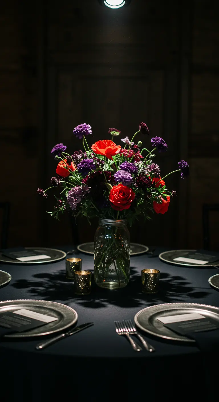 A moody centerpiece with red and purple wildflowers in a Mason jar on a black tablecloth with gold votives.