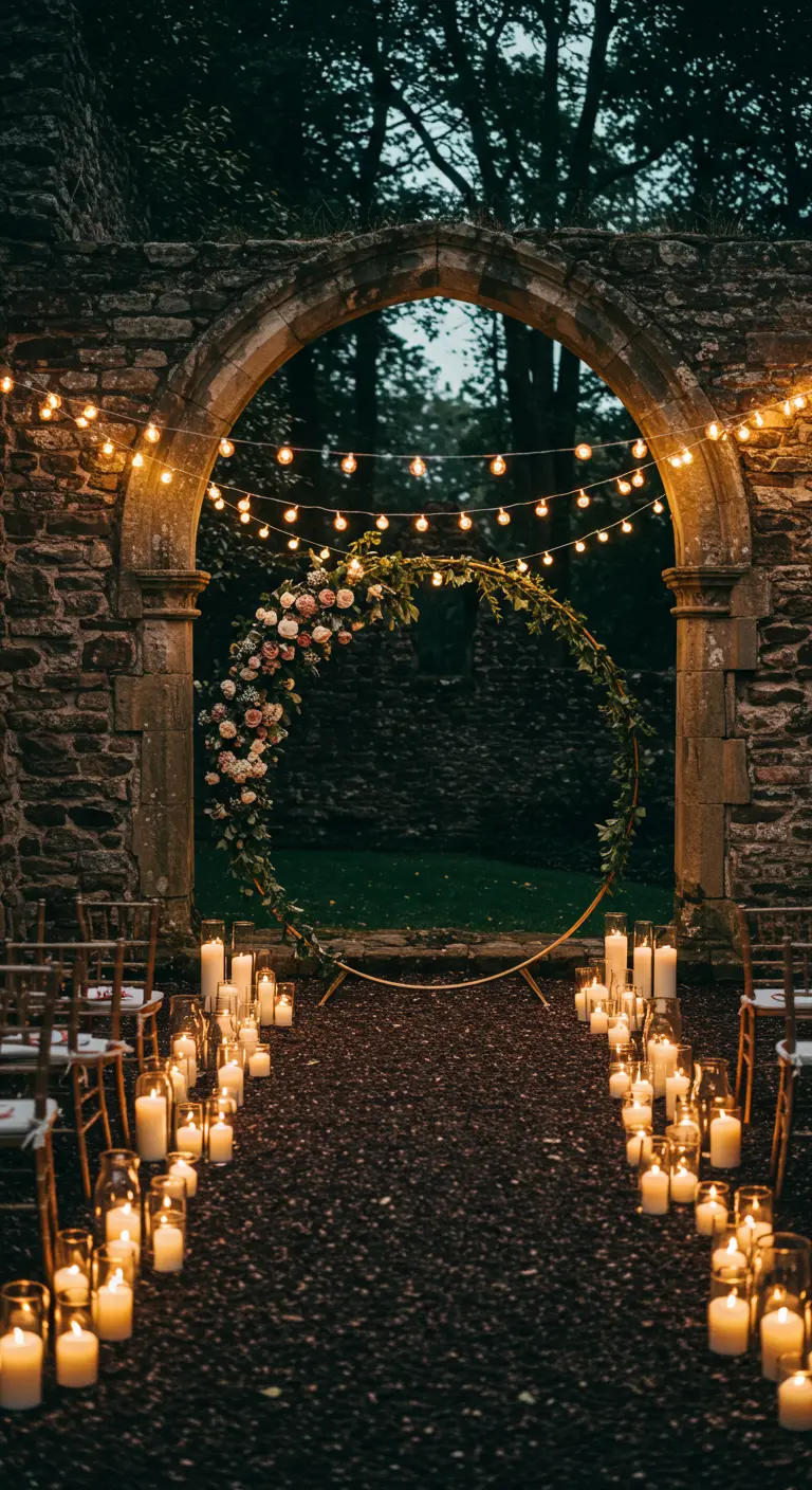 A floral hoop inside a stone archway at night, lit by string lights and candles.