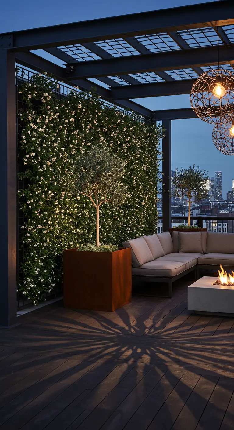 Rooftop terrace at dusk with a lush living wall, a fire pit, and sculptural cage lighting.
