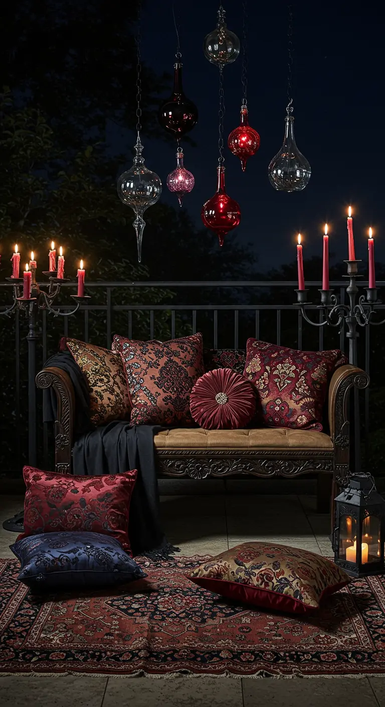 A dark, romantic balcony at night with a carved bench, red and black velvet pillows, and candelabras.
