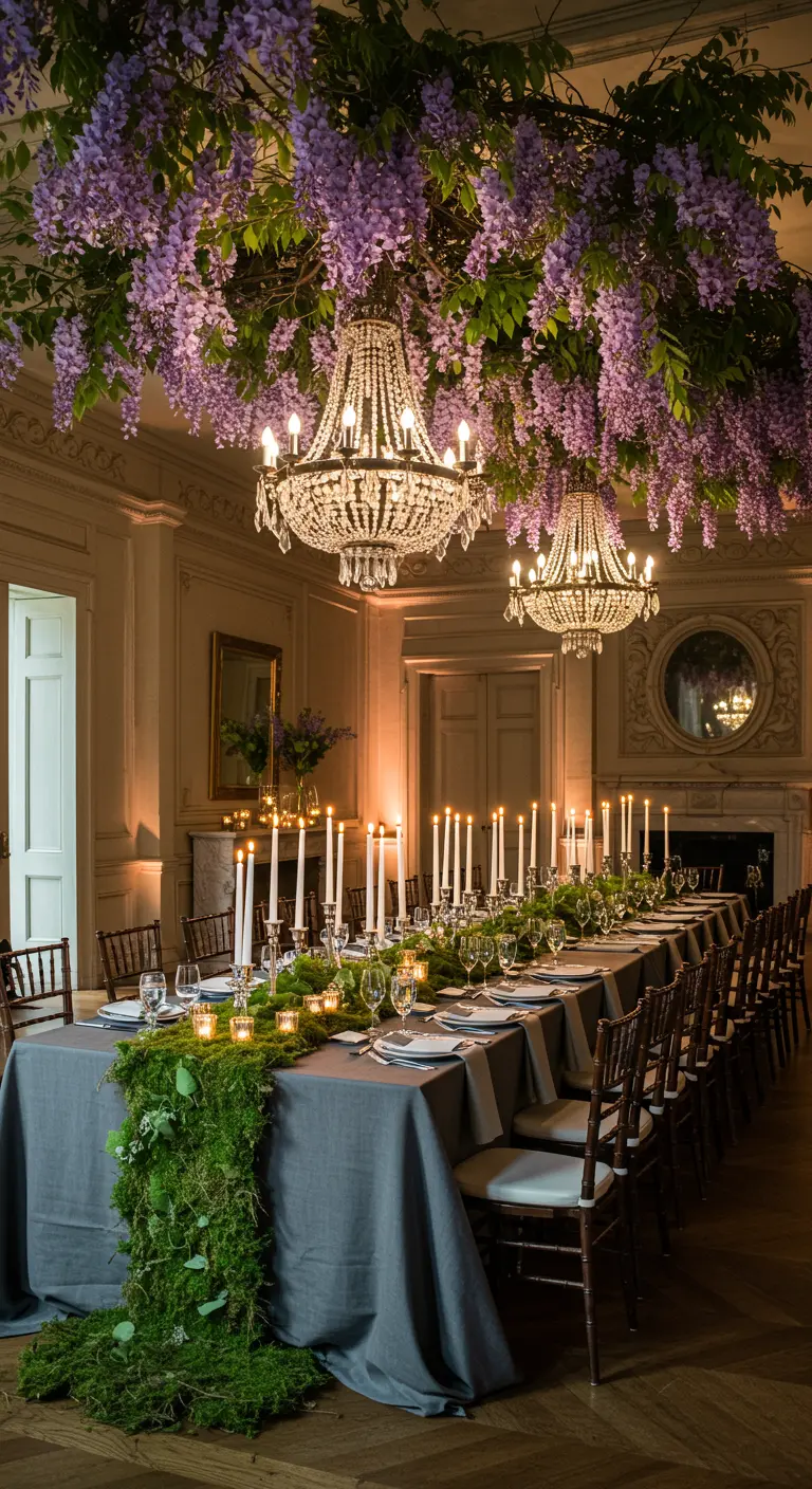 Elegant dining room with a long table, grey linen, moss runner, and wisteria-draped chandeliers.
