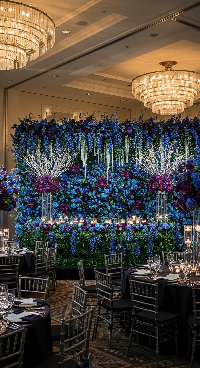 Moody blue and purple floral wall with white branch accents at a reception.