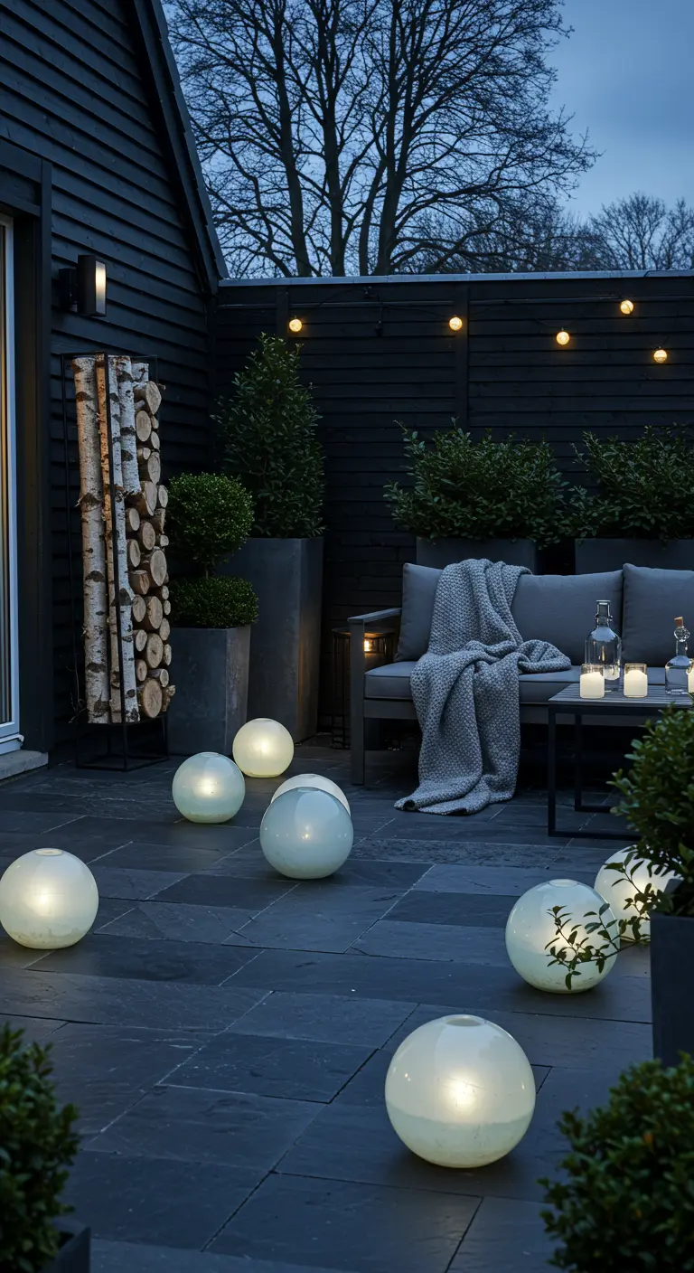 Modern dark patio with scattered glowing orbs, a grey sofa, and stacked birch logs.