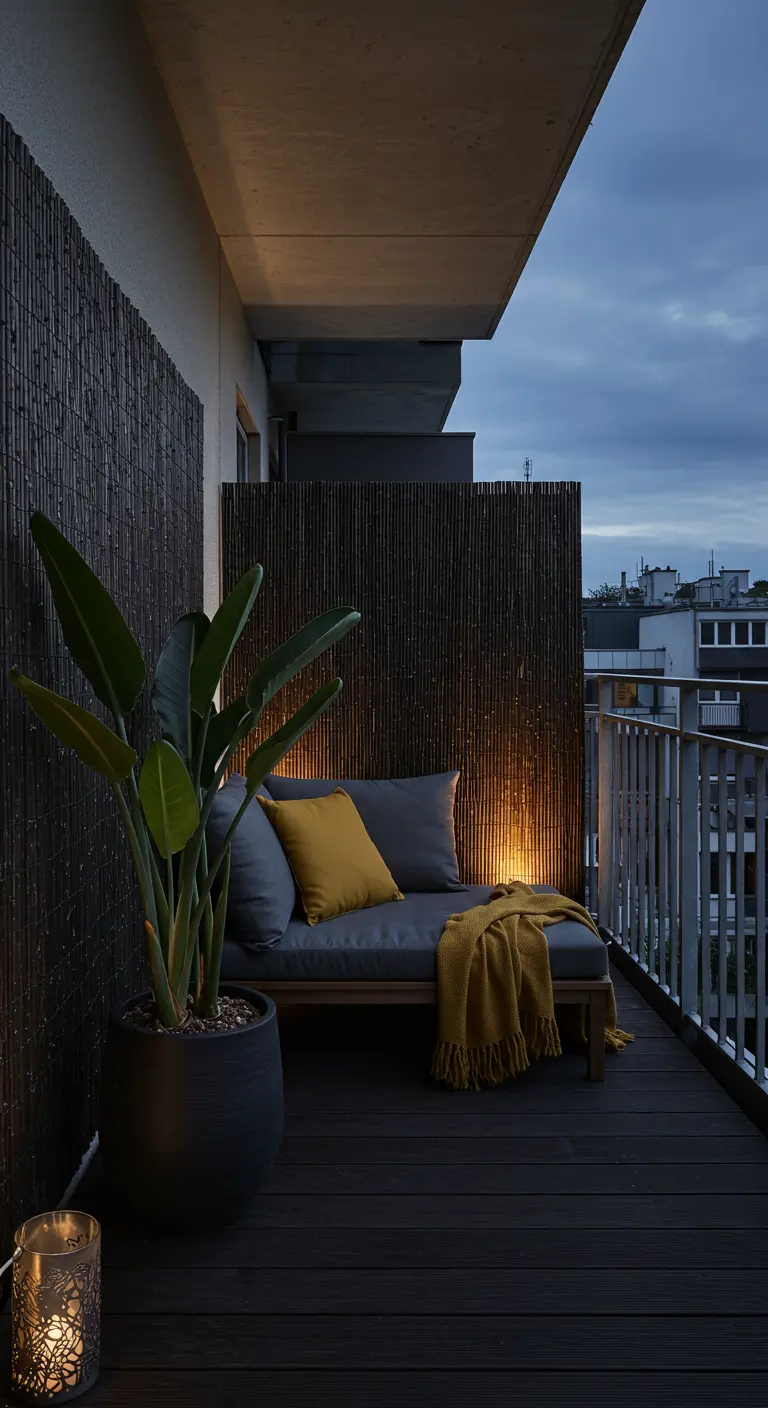 A modern balcony at dusk with a dark bamboo screen and cozy seating.