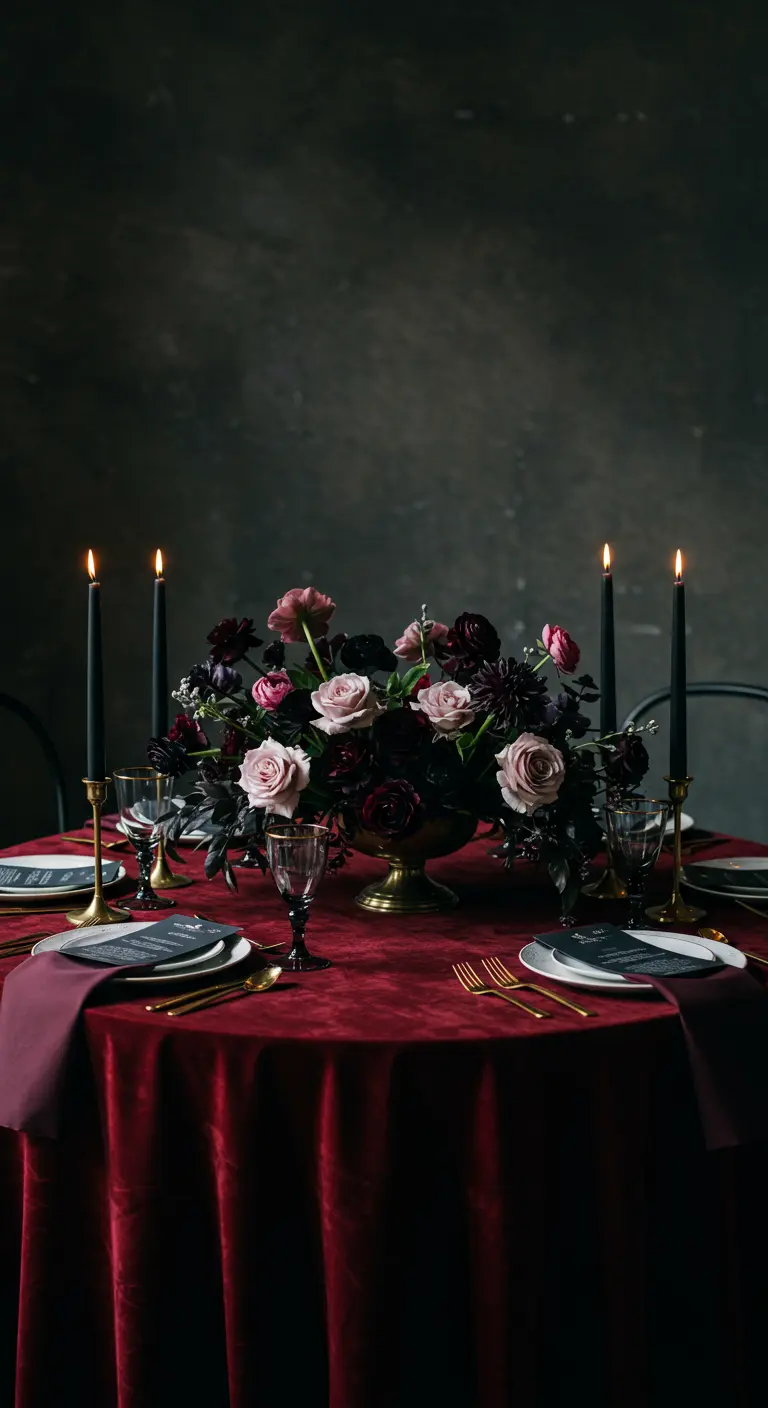 A moody, romantic table with a burgundy velvet cloth, black candles, and dark florals.