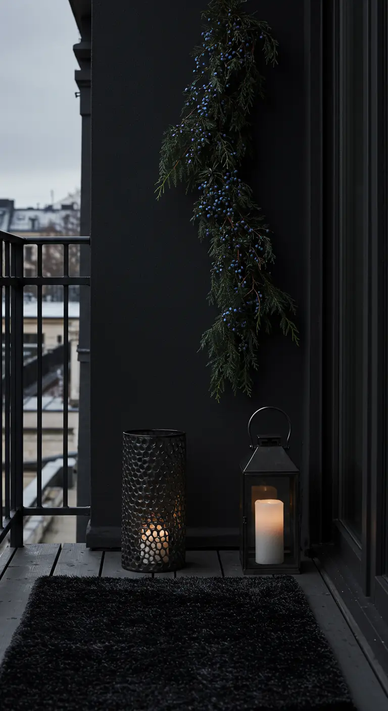 A moody balcony with a black wall, dark rug, and a garland of juniper berries.