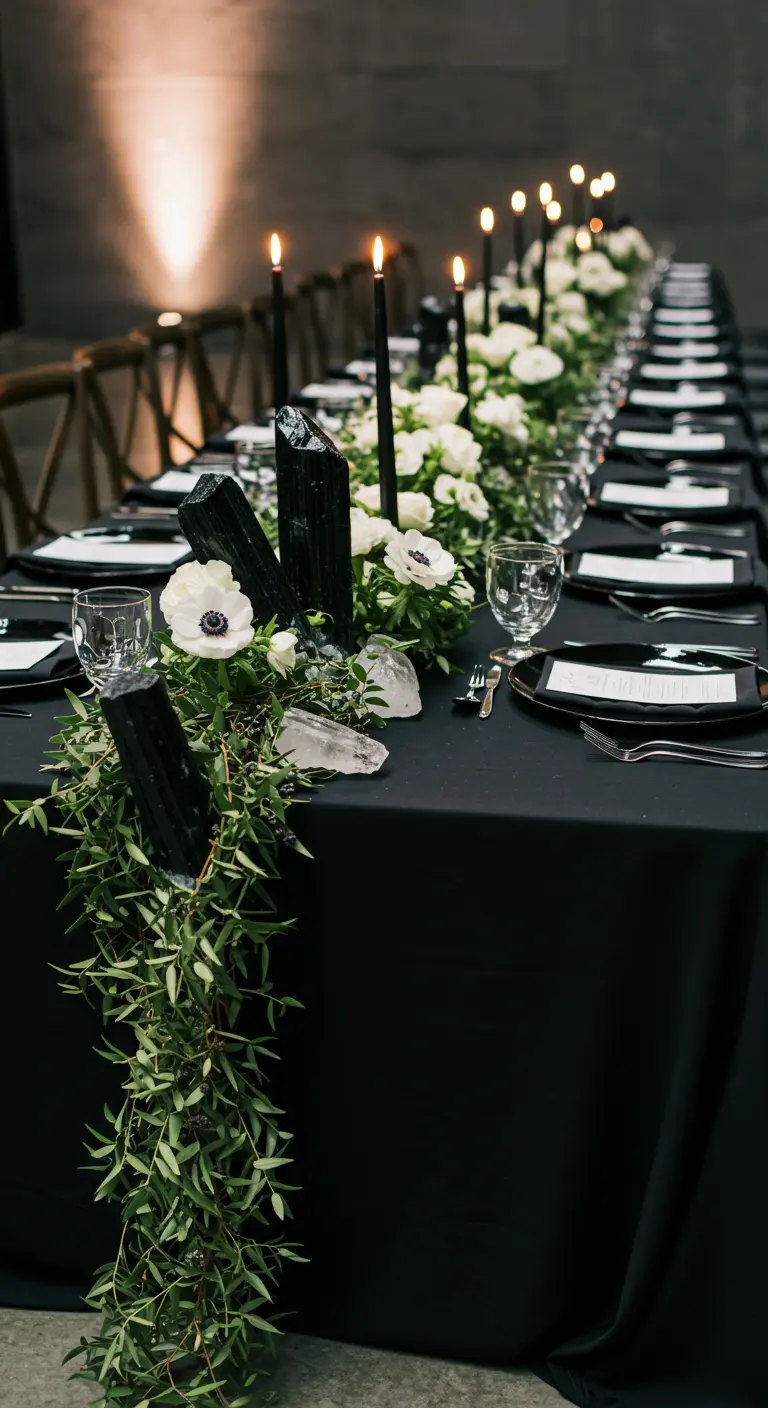 A dramatic black table setting with a green garland, white anemones, and black tourmaline crystals.