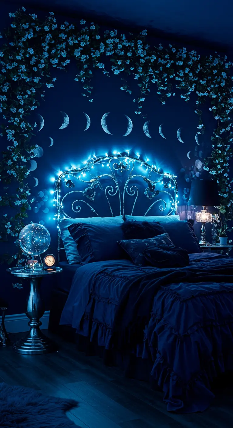 Dark blue bedroom with climbing flower vines and blue fairy lights on headboard.