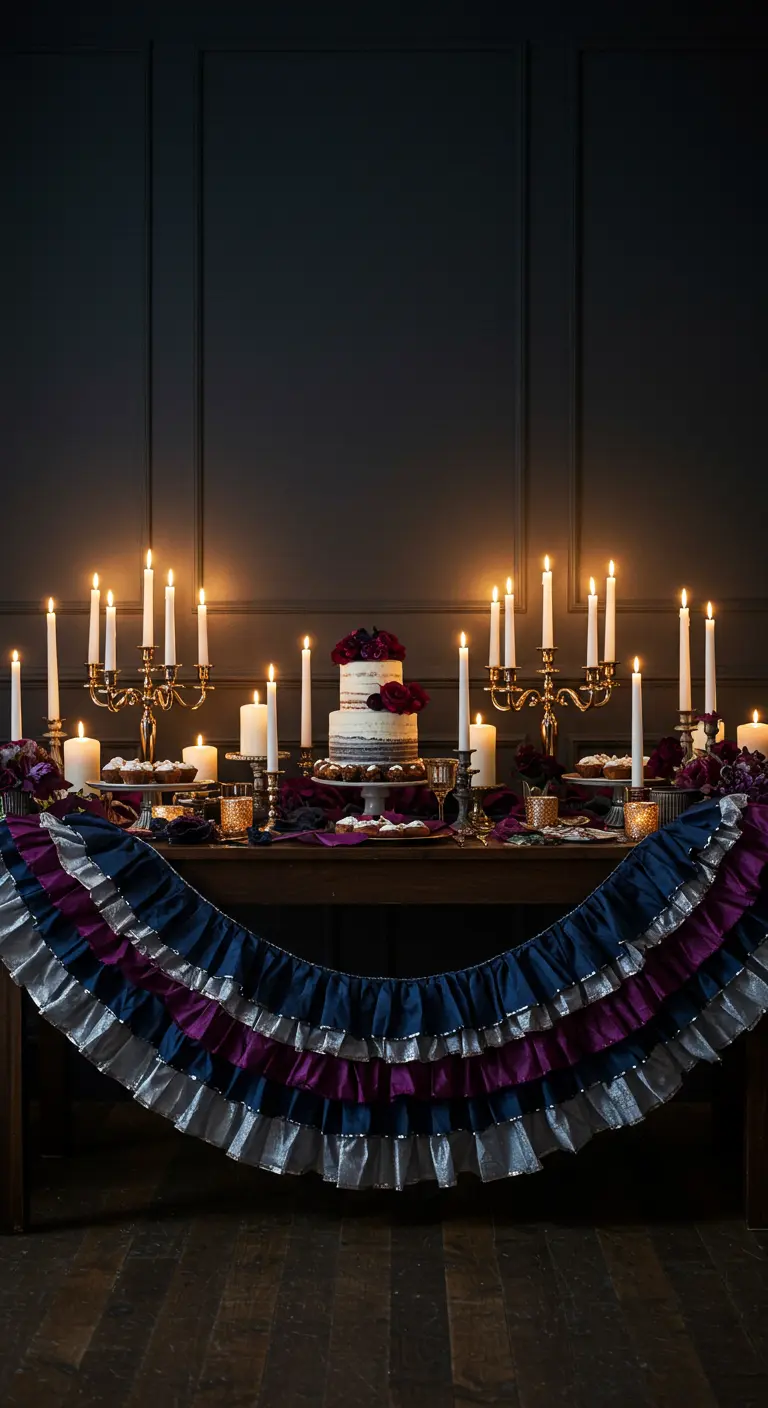 A dessert table in a dark room with a dramatic, ruffled garland in navy, plum, and silver.