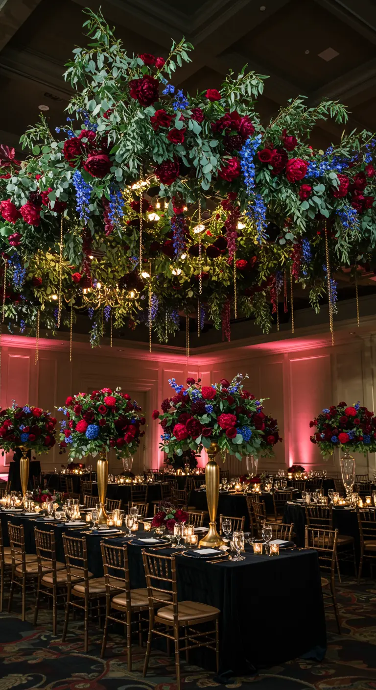 A moody ceiling installation of red, blue, and purple flowers with greenery and gold chains.