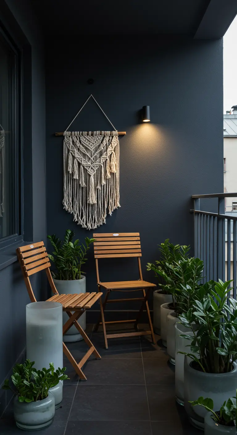 A balcony with a dark charcoal wall, teak chairs, and spotlit macramé.