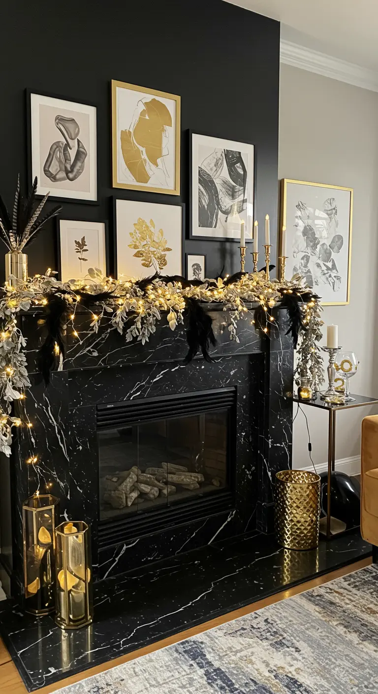 Black marble fireplace with a glam gold-and-black garland and abstract art.