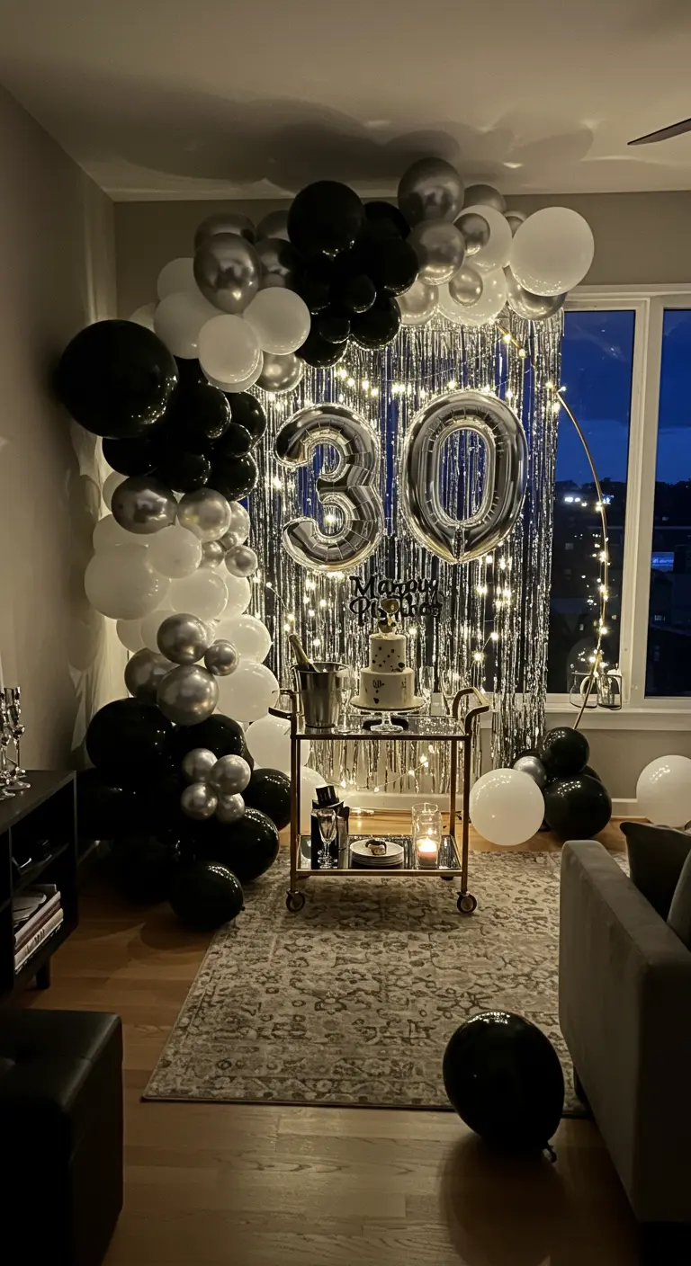 A black, white, and silver balloon arch with a '30' in front of a tinsel curtain.