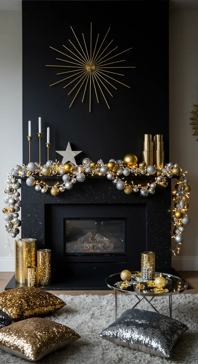 Black fireplace with a gold starburst clock and a lush silver and gold ornament garland.