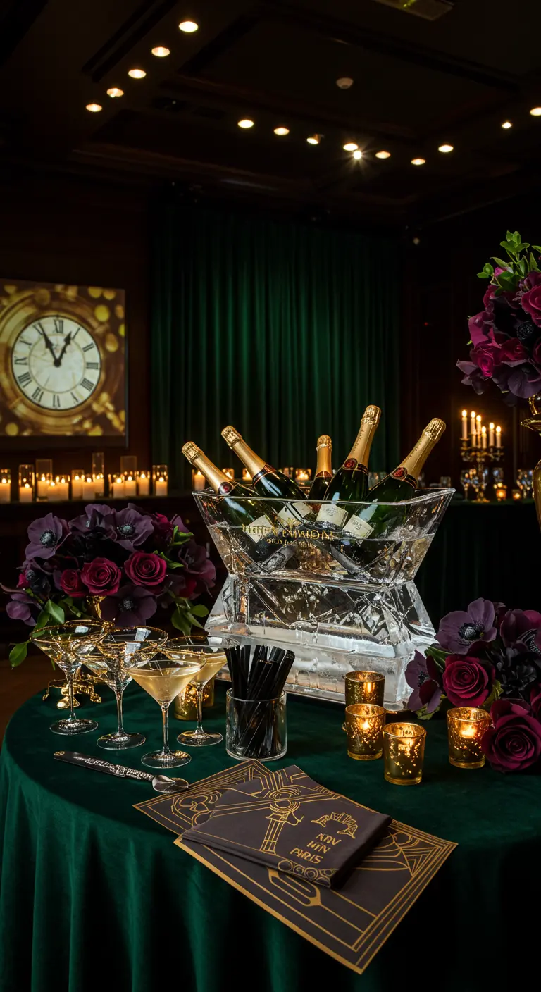 A luxurious champagne bar with an emerald velvet cloth, crystal ice bucket, and deep purple flowers