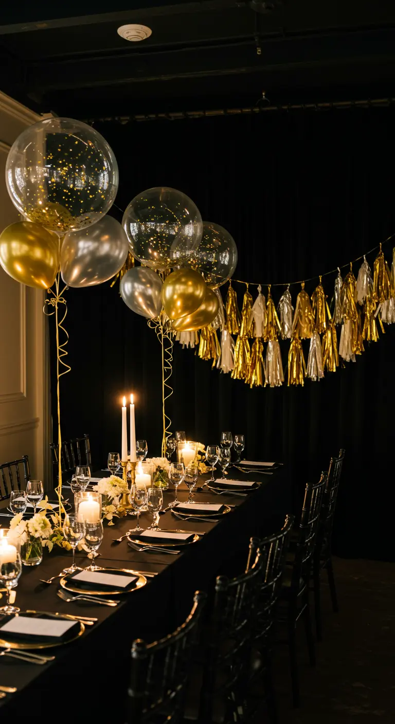 An elegant dinner table set in black, with gold and silver balloons and a metallic tassel garland.