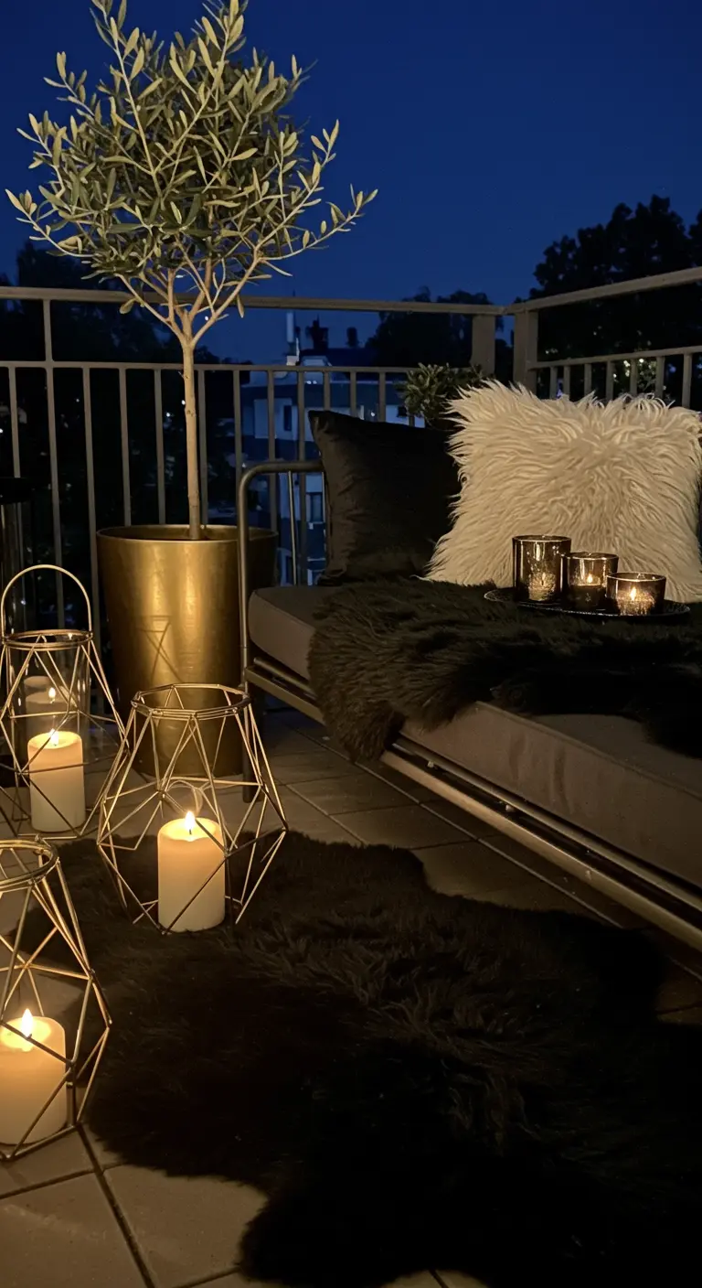 A chic black-themed balcony with black sheepskin, gold lanterns, and a potted olive tree.