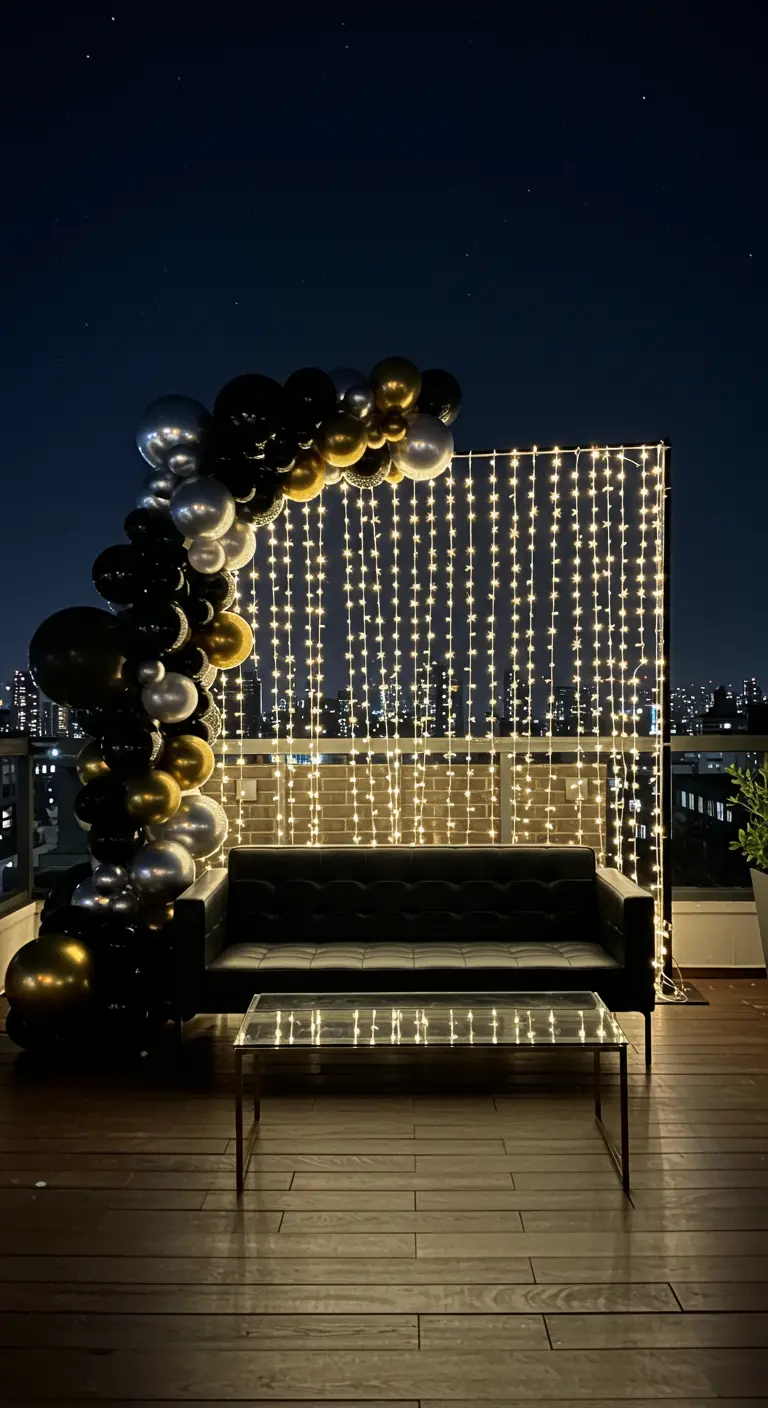 A chic black, gold, and silver balloon arch over a leather sofa on a city rooftop at night.