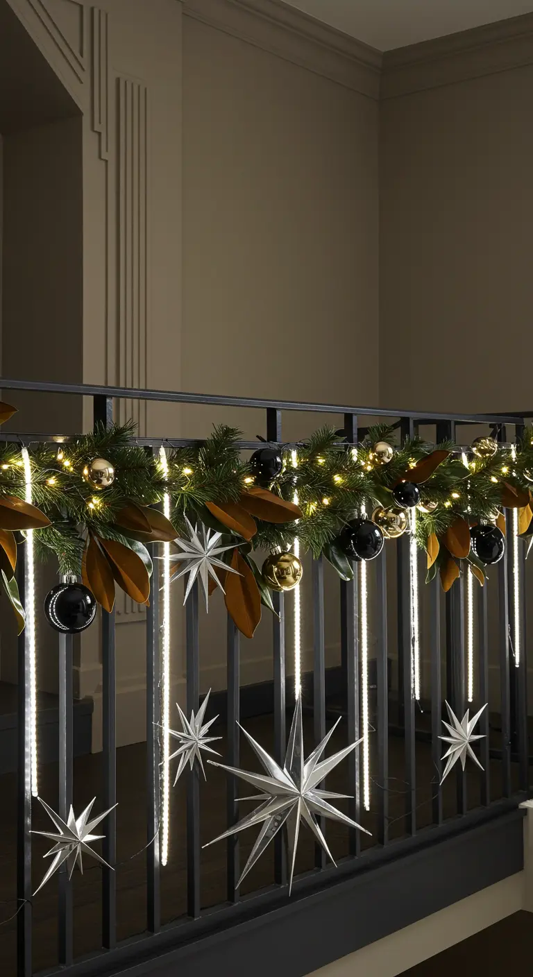A modern railing with a garland of magnolia leaves, black and gold ornaments, and spiky silver stars.