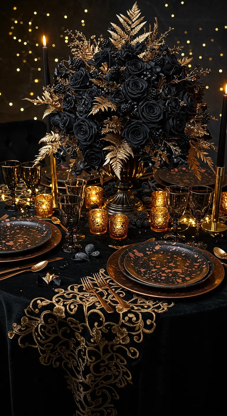 Black and gold tablescape with gold-splatter plates and a large black rose centerpiece.