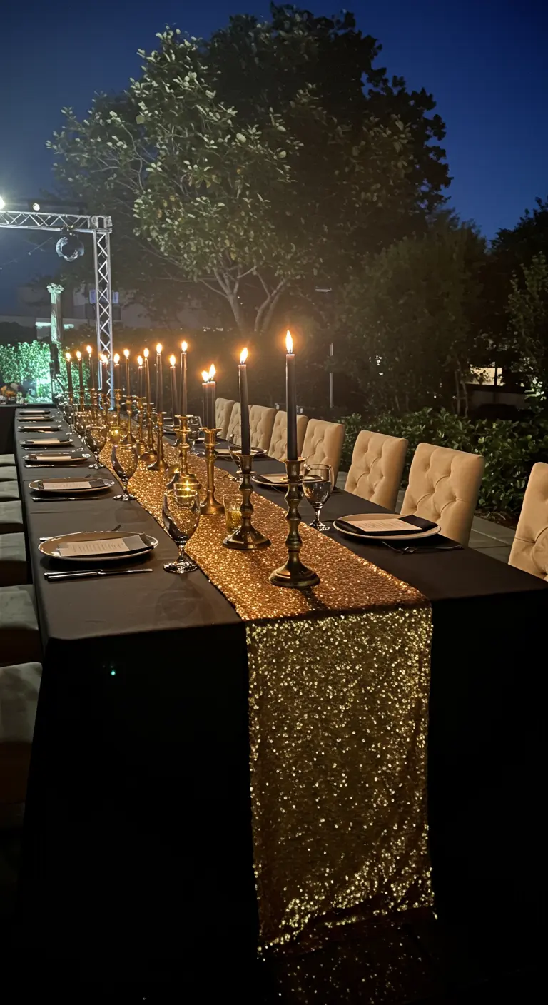 Long black dining table with a gold sequin runner and tall black candles.