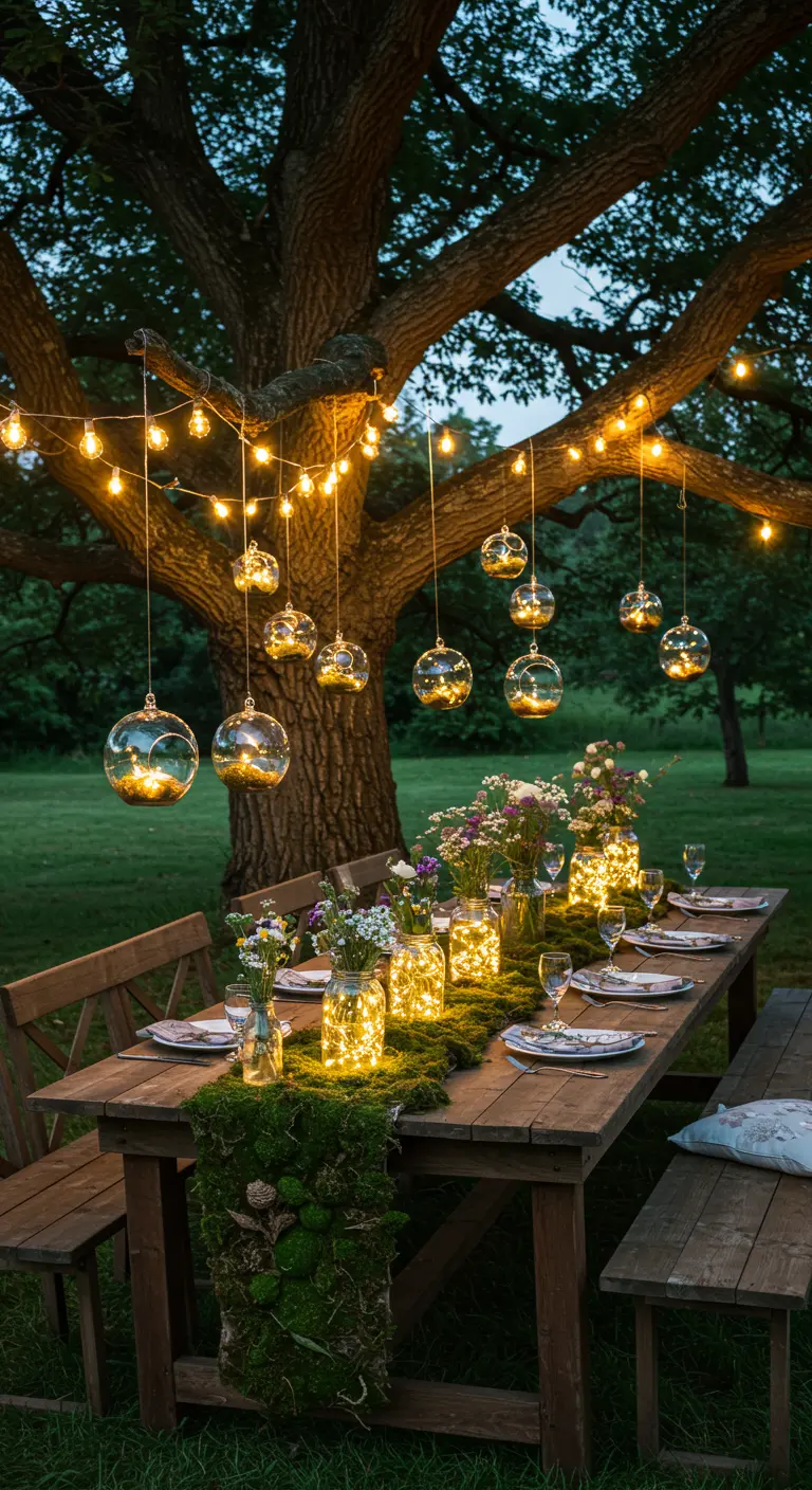 Enchanted garden party table with a moss runner and hanging fairy lights.