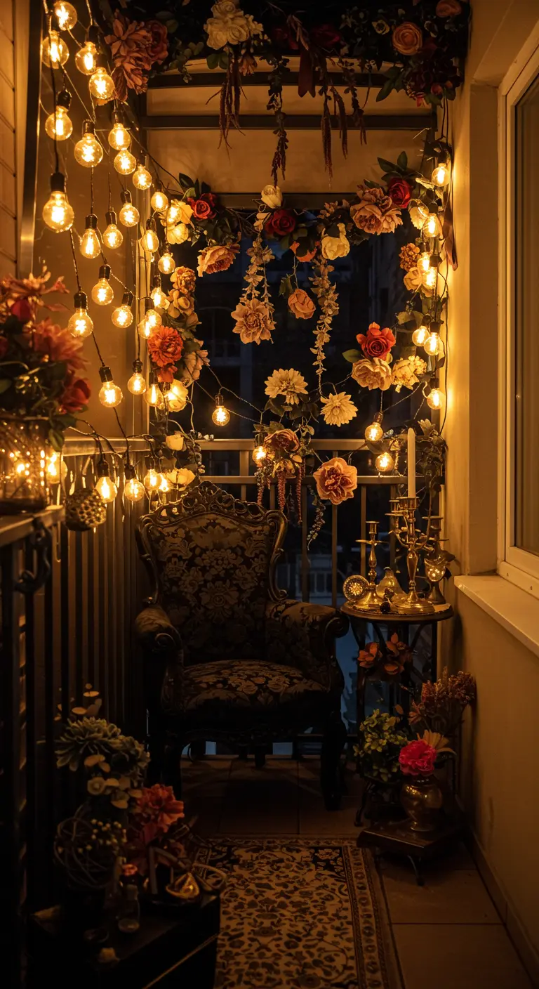 A small balcony overflowing with faux flowers and string lights, with an ornate chair in the center.