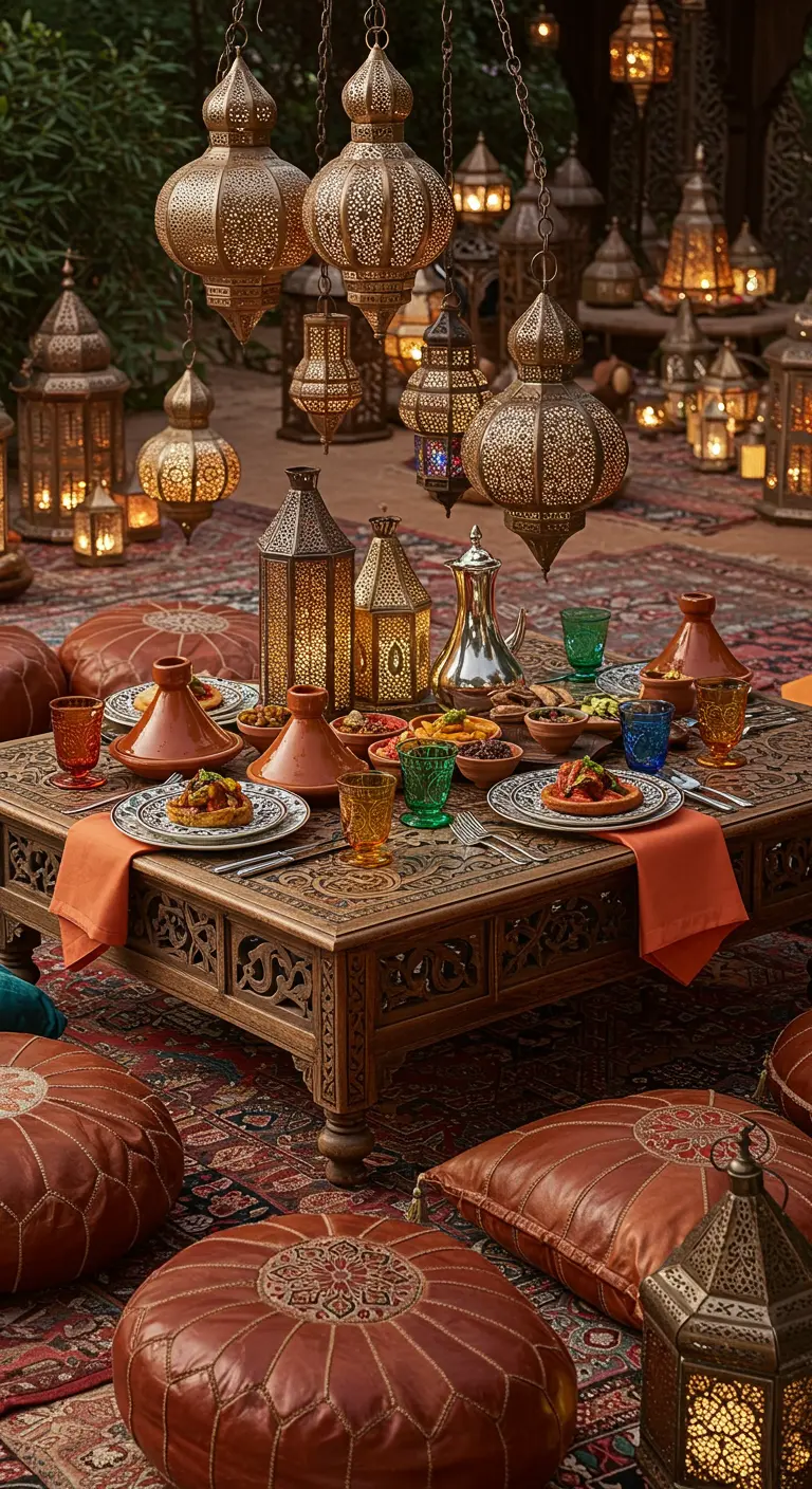 A low Moroccan-style table with intricate lanterns, patterned rugs, and leather poufs.