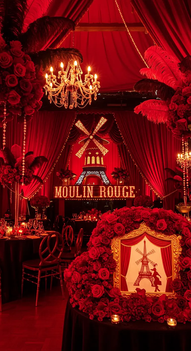 A dramatic Moulin Rouge-themed party with red velvet drapes, a light-up sign, and red roses