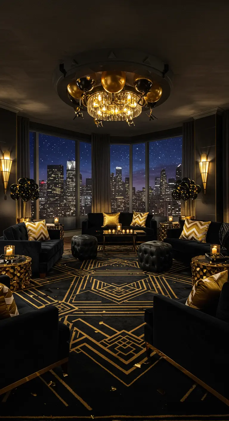 A luxurious Art Deco lounge with black sofas, gold pillows, and a view of a city skyline at night.