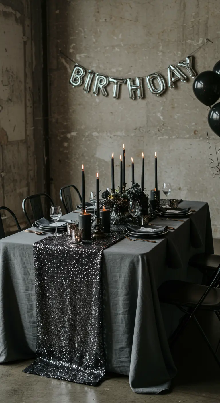 A dark, moody birthday table with a black sequin runner and black taper candles.