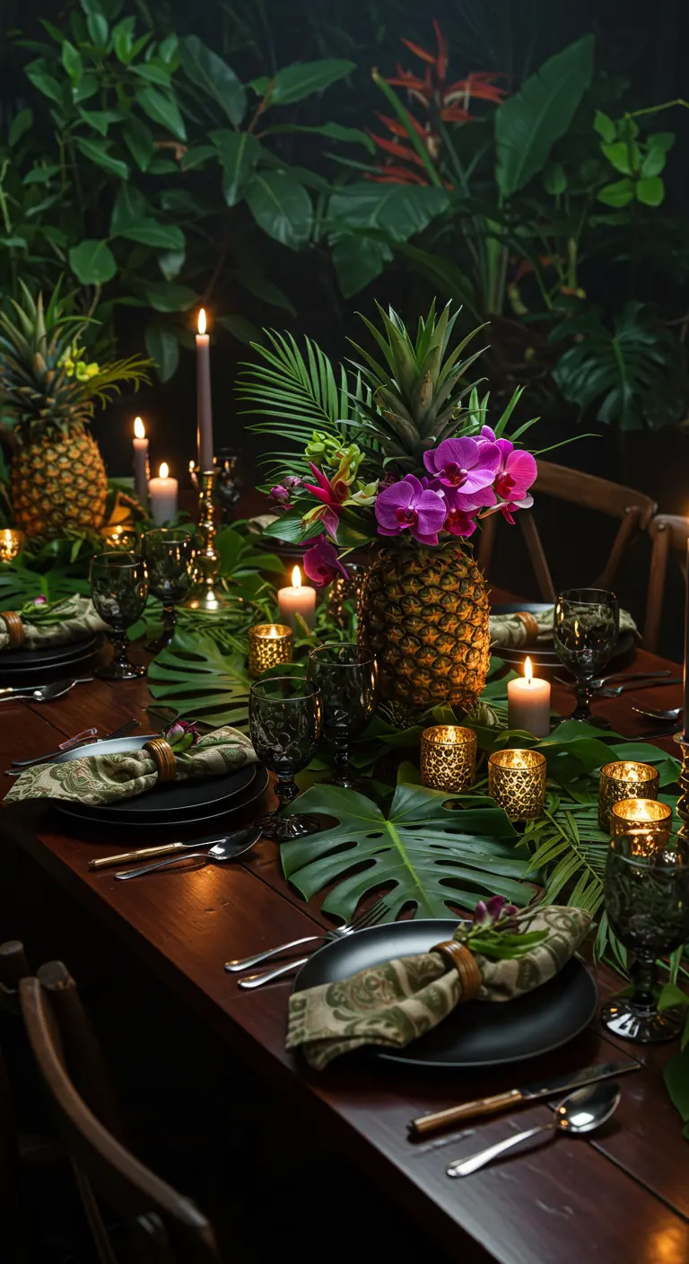 Dark, candlelit table with pineapples, monstera leaves, and purple orchids