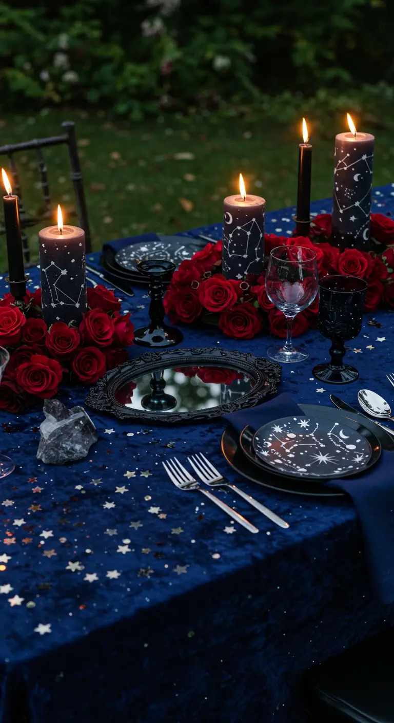 Celestial-themed table with a blue velvet cloth, star confetti, and constellation plates.