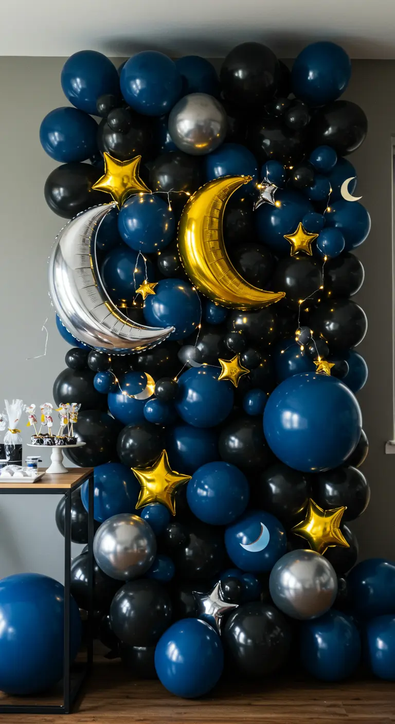 Black, blue, and silver balloon wall with foil moon and star accents.